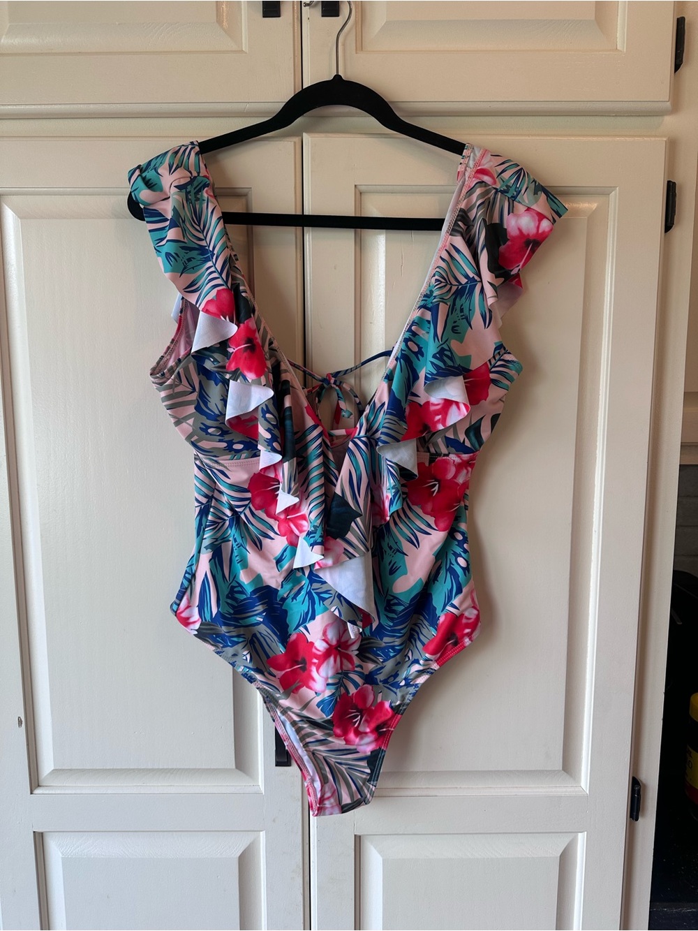 Floral Ruffle One-Piece Swimsuit - Pink & Blue Tropical Print
